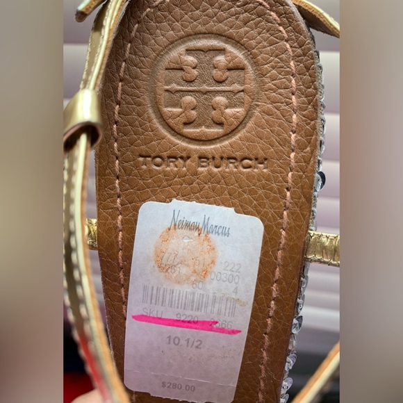 Tory Burch Gold Metallic Wedges Leather Platform Sequin Embellished Sandals - Picture 6 of 6